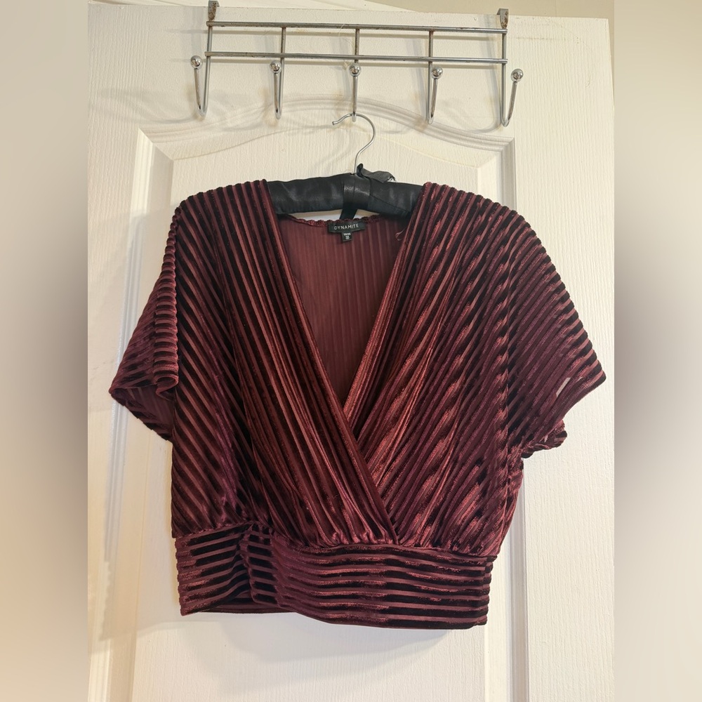 Dynamite Burgundy Velvet Pleated Wrap-Style Crop Top